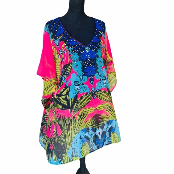 Cover Up Tropical Print Luxury Embellished Kaftan Top - Picture 3 of 10